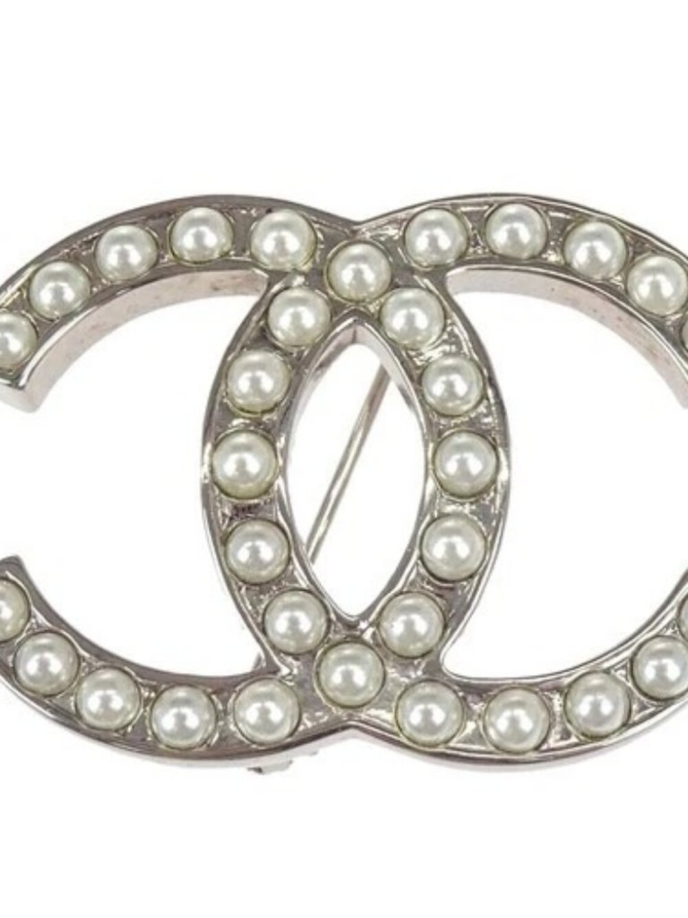 Chanel CC Artificial Pearl Brooch Pin Silver D11V 167857